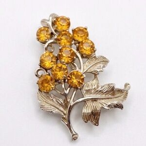 Vintage Gold Tone Floral Brooch with Amber Rhinestones
